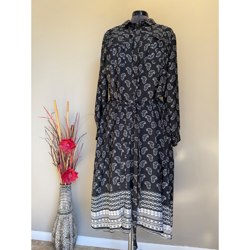 Roamans 18W Black Paisley Print High Slit Shirt Dress Plus Size